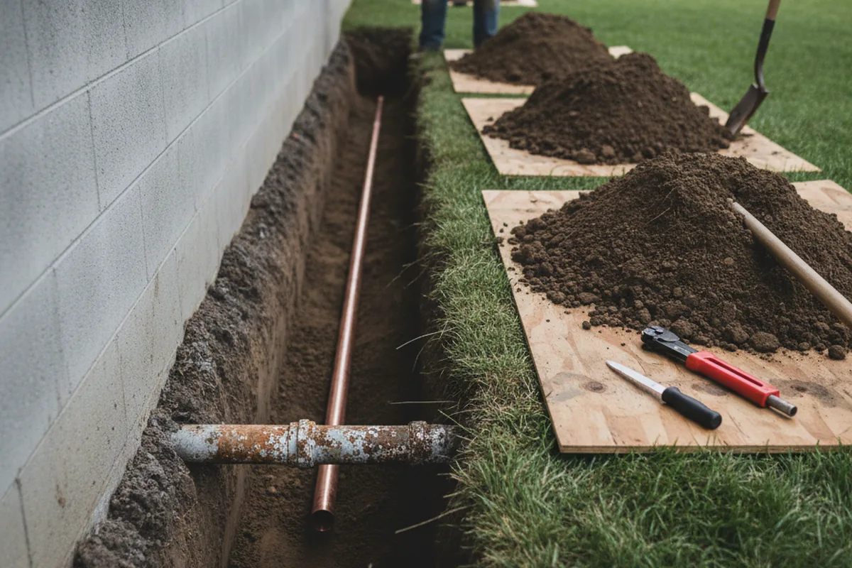 Excavated water line trench during Sewer Line Repair in Chebanse